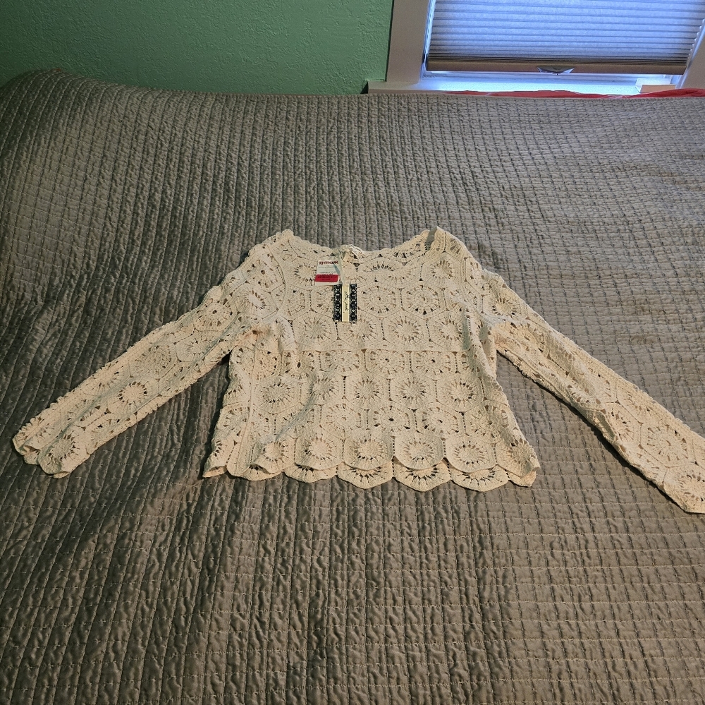 Ultra Pink Cream Crochet Long Sleeve Top